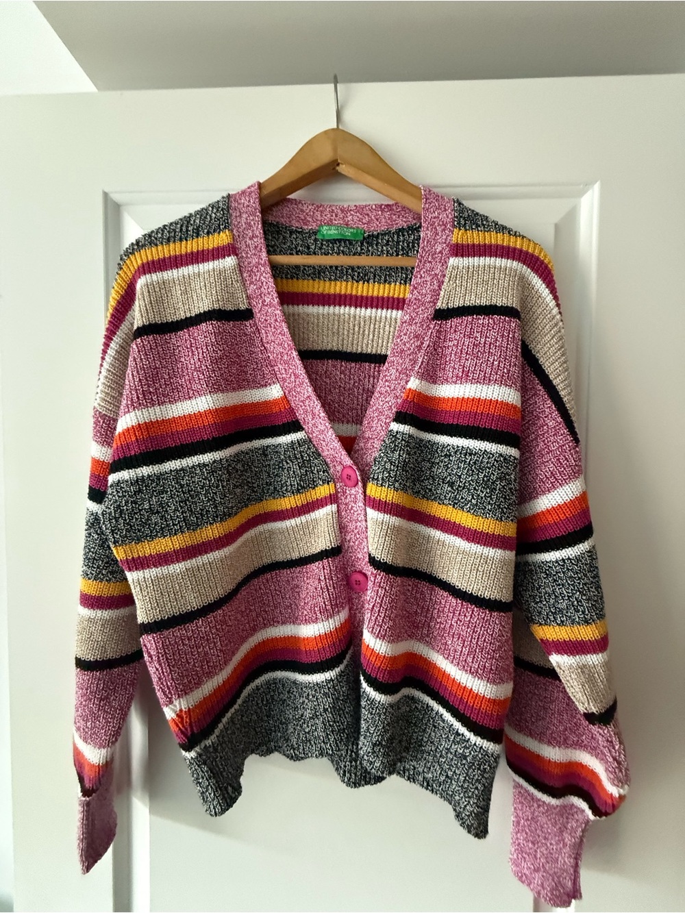 United Colors of Benetton Striped V-Neck Button Cardigan Sweater in Pink